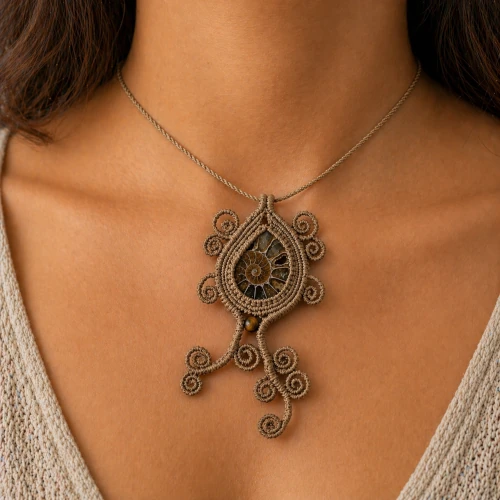 Pendentif macramé ammonite marron porté So’fil macramé