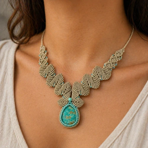 Collier macramé amazonite beige turquoise porté So’fil macramé
