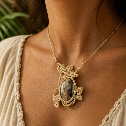 Pendentif réglable en longueur en micro macramé et pierre naturelle d'agate mousse, mièce unique