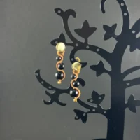 Boucles d’oreilles macramé trois perles obsidienne faites main So’fil macramé