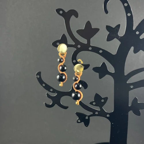 Boucles d’oreilles macramé trois perles obsidienne faites main So’fil macramé