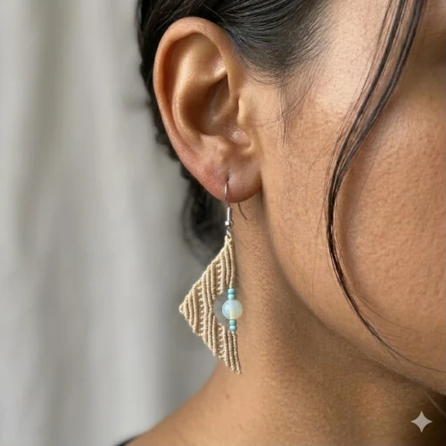 Boucles d’oreilles macramé triangle beige portées vue de côté So’fil macramé