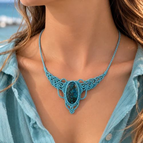 pendentif en shattuckite et fil de polyester ciré bleu moyen porté