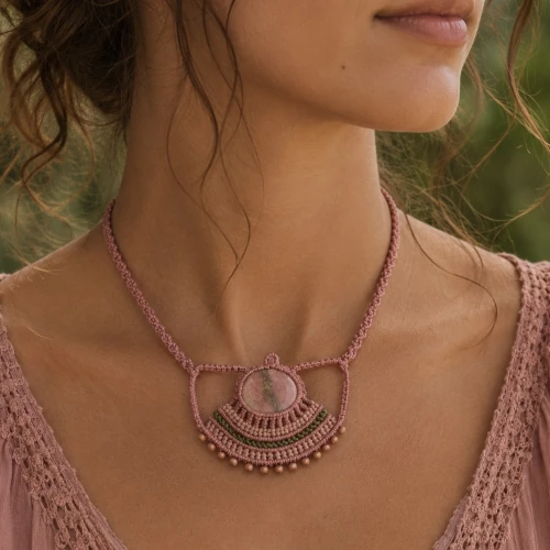 Bijou ethnique rose pour femme, pièce unique en micro macramé et pierre naturelle de rhodonite