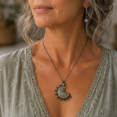 Collier lune en labradorite et micro-macramé bleu gris porté